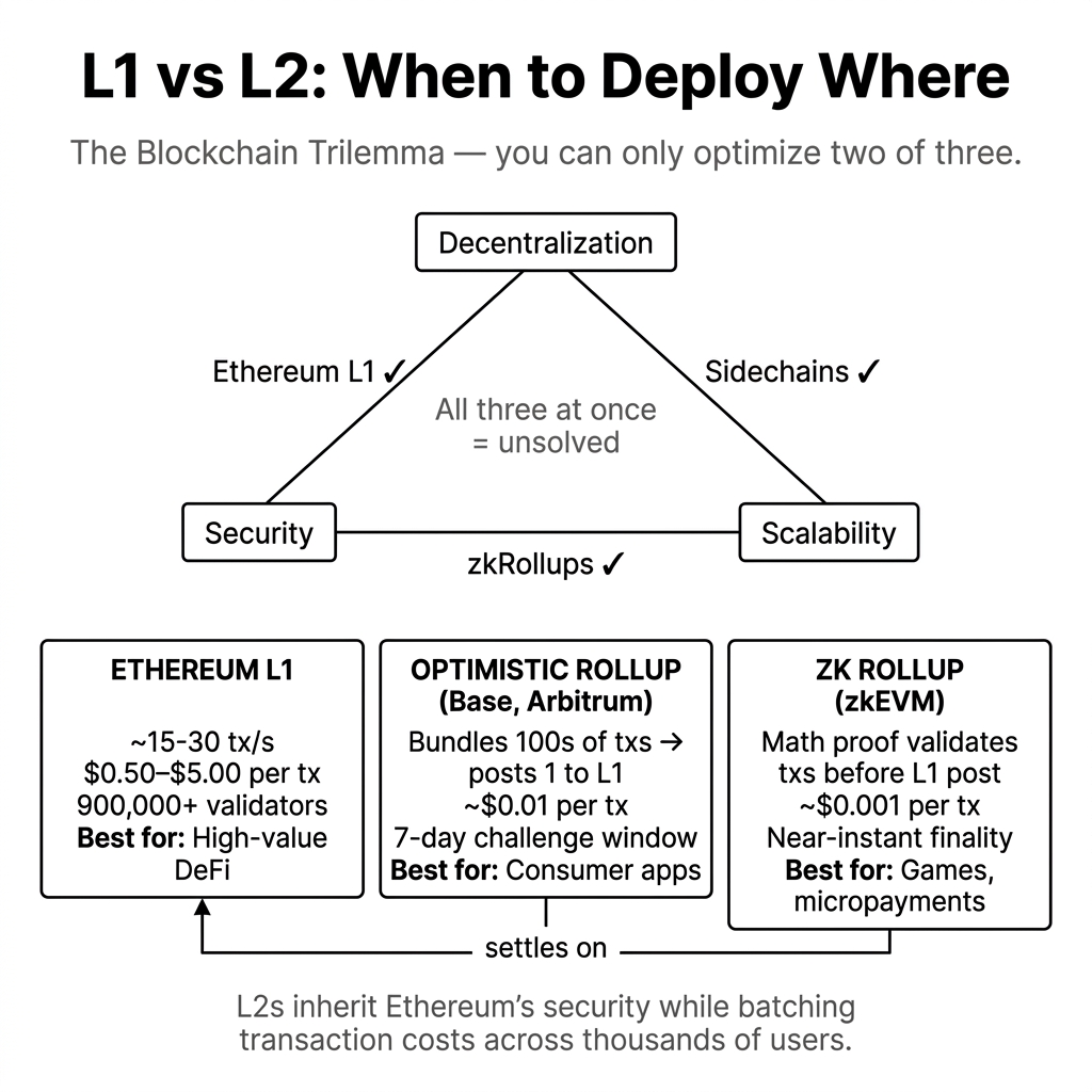 L1 vs L2 architecture — how rollups bundle transactions and settle on Ethereum
