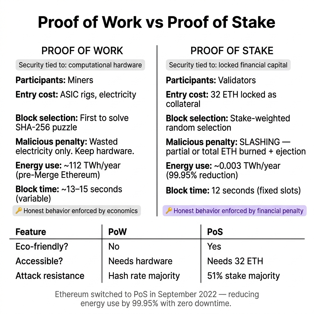 Proof of Work vs Proof of Stake — security model, energy use, and economics comparison