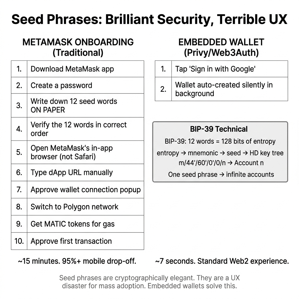Seed phrase wallet vs embedded wallet — onboarding complexity comparison