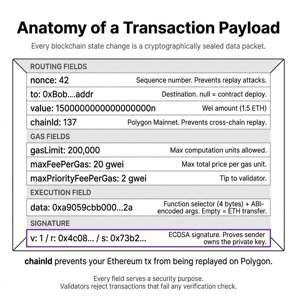 Transaction fields anatomy — nonce, gasLimit, to, value, data, chainId, and signature